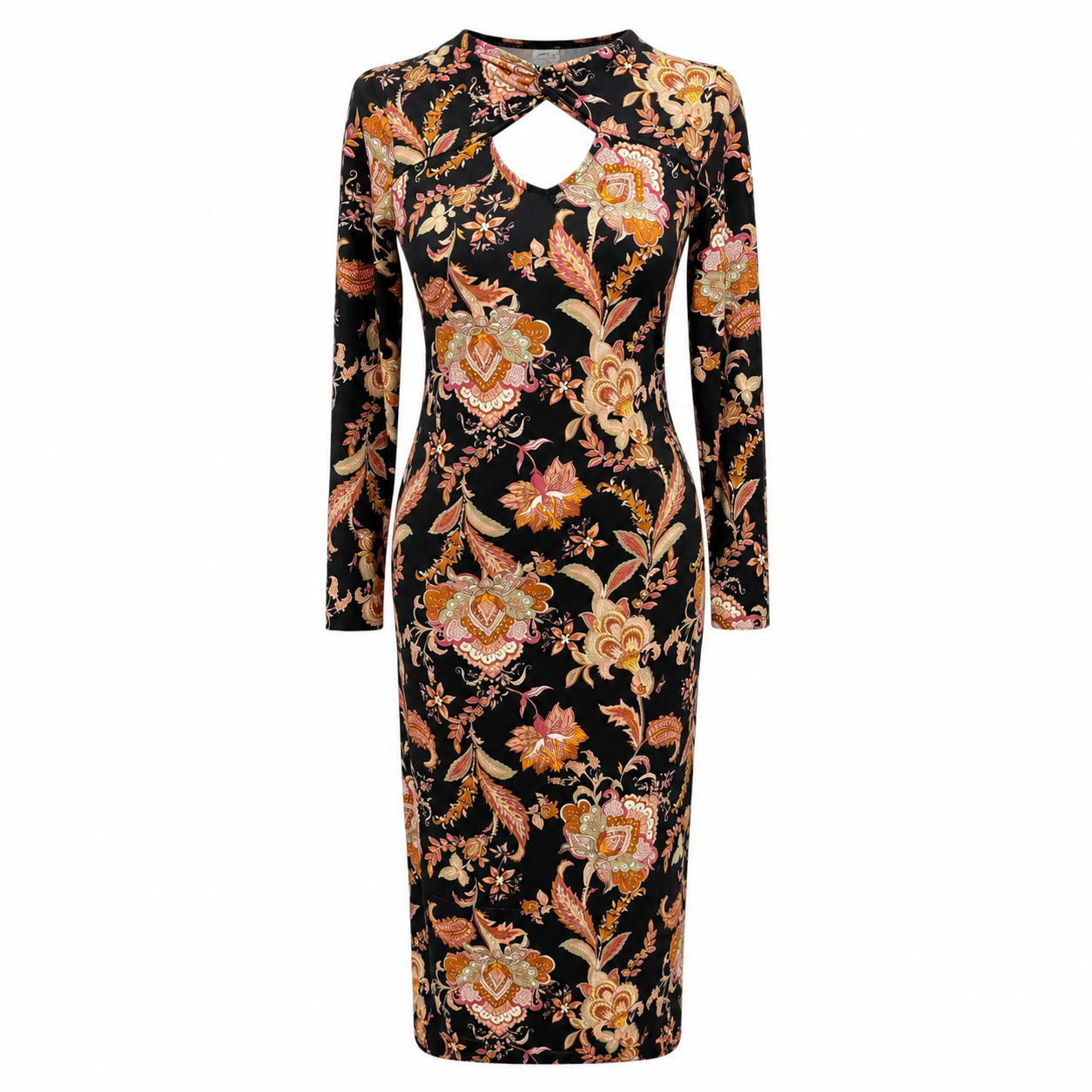 MM-5001 Gogus Dekolteli Floral Midi Elbise