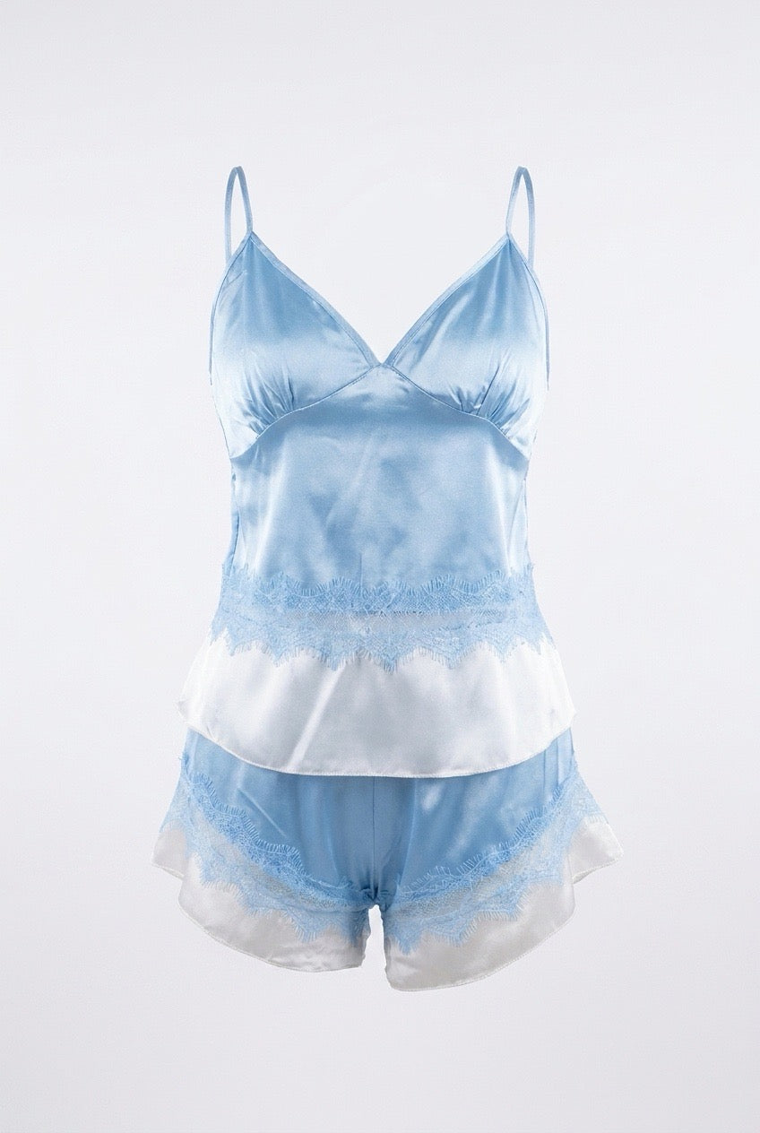 MM-6008 Mica Saten Sortlu Mavi Pijama Takimi