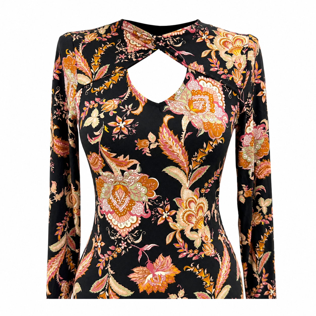 MM-5001 Gogus Dekolteli Floral Midi Elbise