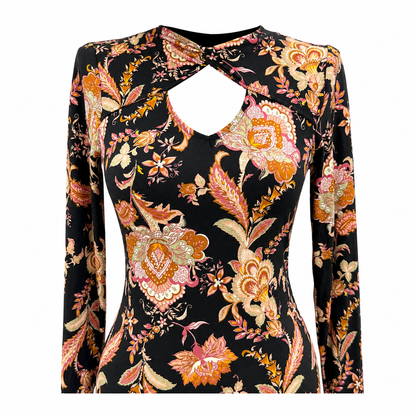 MM-5001 Gogus Dekolteli Floral Midi Elbise
