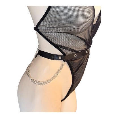 MM-1036 Zincir Detayli Derili Bodysuit