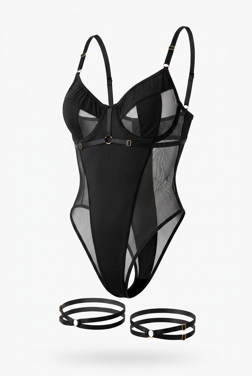 MM-1037 Bant Detayli Transparan Bodysuit Seti