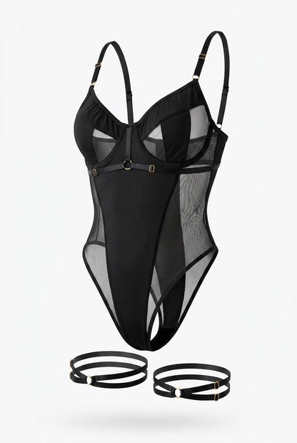 MM-1037 Bant Detayli Transparan Bodysuit Seti