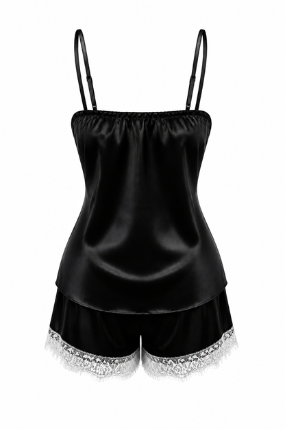 MM-6004 Bella Saten Sortlu Siyah Pijama Takimi