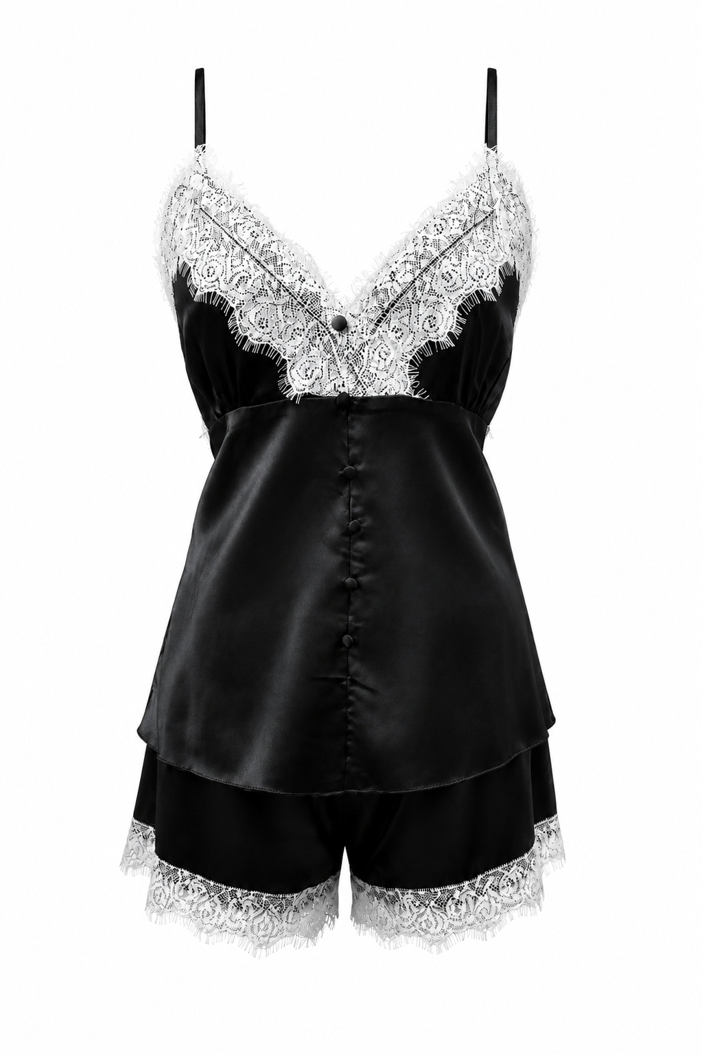MM-6004 Bella Saten Sortlu Siyah Pijama Takimi